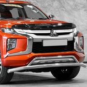 A red Mitsubishi L200 Triton Series pickup truck with a dark smoke effect bonnet guard installed on the front.
